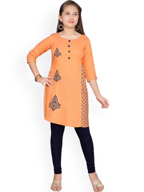 

Aarika Girls Peach-Coloured & Navy Blue Printed Kurta with Churidar