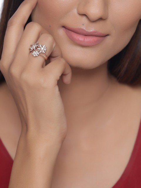 

Tistabene Rose Gold-Plated & White AD-Studded Blooming Flowers Cocktail Finger Ring