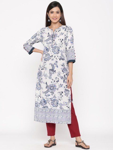 

Jaipur Kurti Women White & Blue Printed Straight Kurta