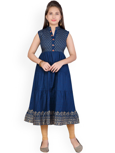 

Aarika Girls Navy Blue & Beige Yoke Design Kurta with Churidar