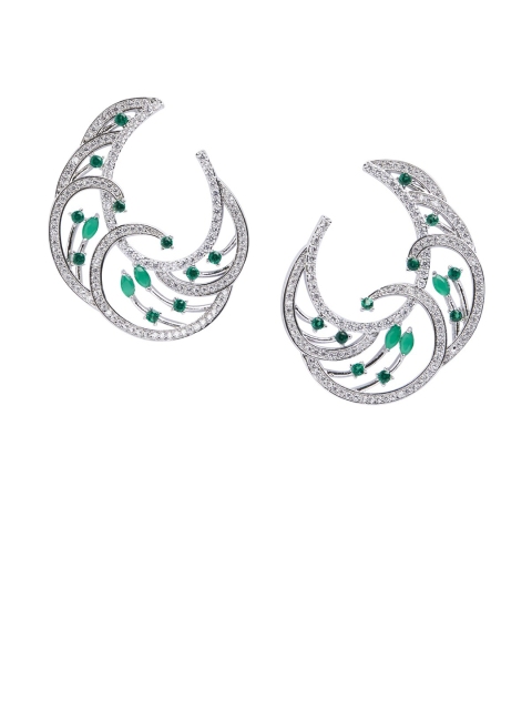 

shaze Silver-Toned & Green Rhodium-Plated Handcrafted Crescent Shaped Drop Earrings
