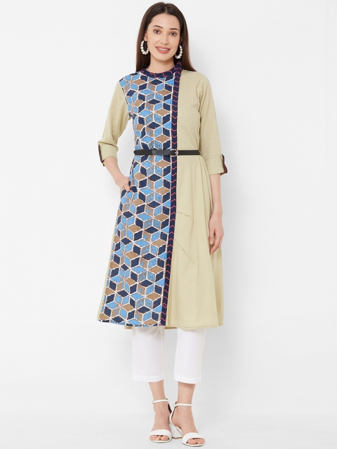 Vedic Women Sage Green & Blue Printed A-Line Kurta