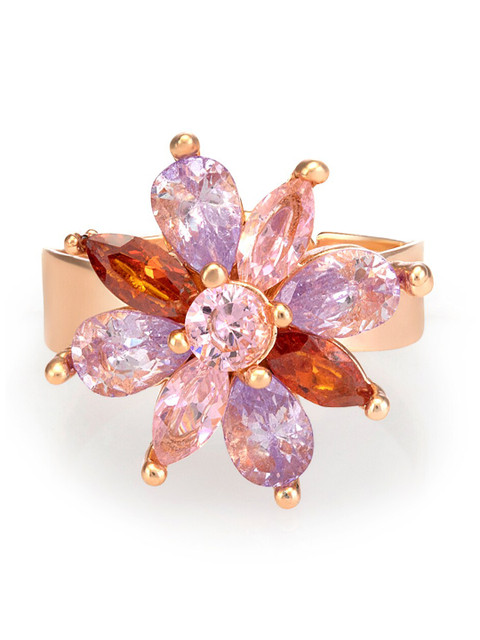 

Mahi Rose Gold-Plated Purple & Yellow Crystal & CZ-Studded Floral Finger Ring