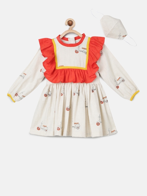 

Tutus By Tutu Girls Cream-Coloured Orange Printed A-Line Dress