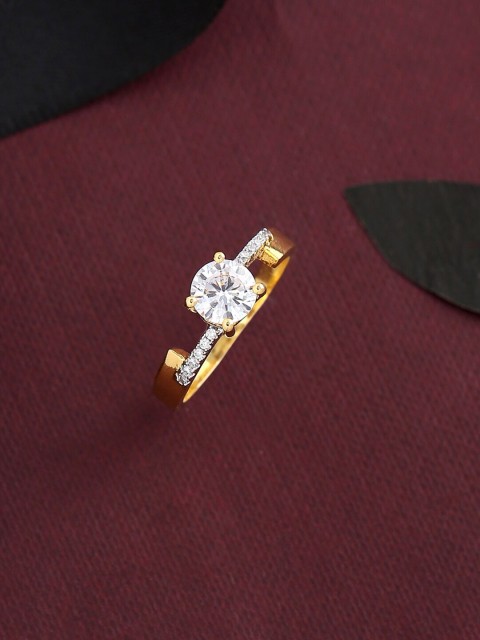 

Tistabene Gold-Plated & White AD-Studded Classic Cut Shank Design Solitaire Finger Ring