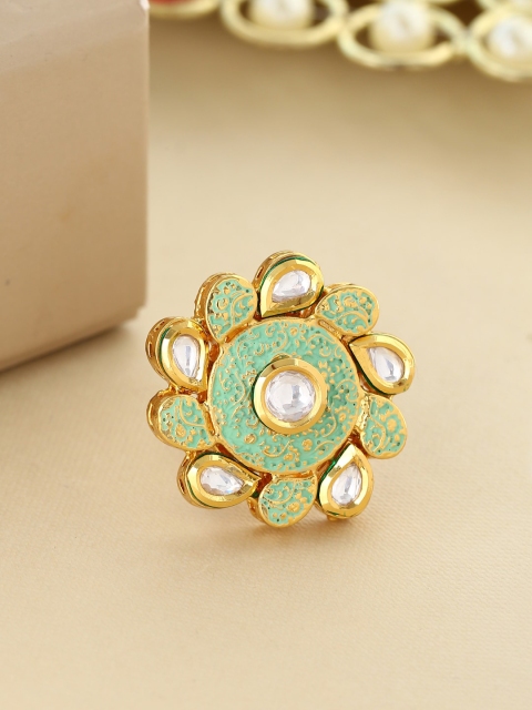 

Tistabene Gold-Plated & White American Diamond-Studded Floral Enameled Cocktail Finger Ring