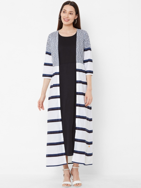 

Vedic Women White & Blue Striped Maxi Layered Dress