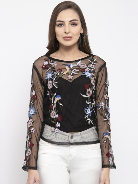 

Purple State Women Black Embroidered Top