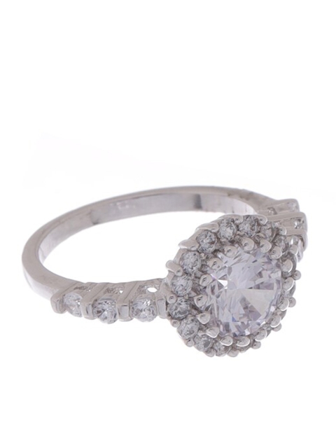 

Tistabene Rhodium-Plated Silver-Toned & White AD-Studded Solitaire Finger Ring
