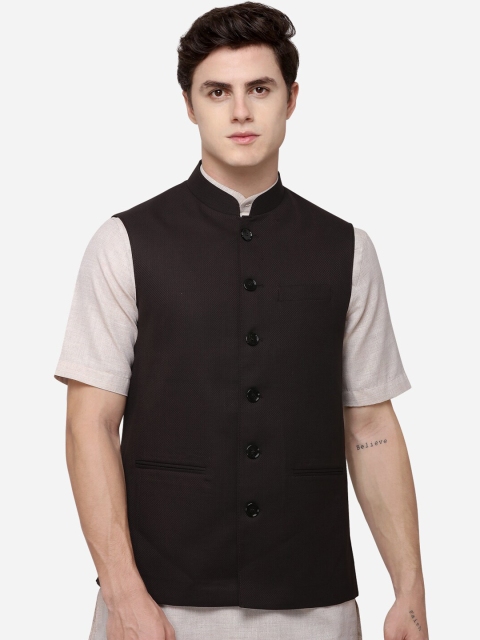 

JADE BLUE Men Coffee Brown Woven Design Corduroy Nehru Jacket