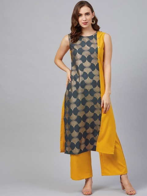 

ZIYAA Women Mustard Yellow & Blue Printed Straight Kurta