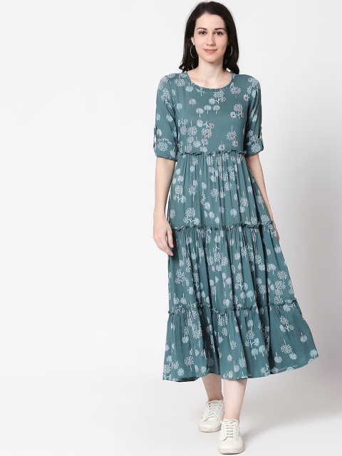 

TERQUOIS Women Green Printed Fit and Flare Dress