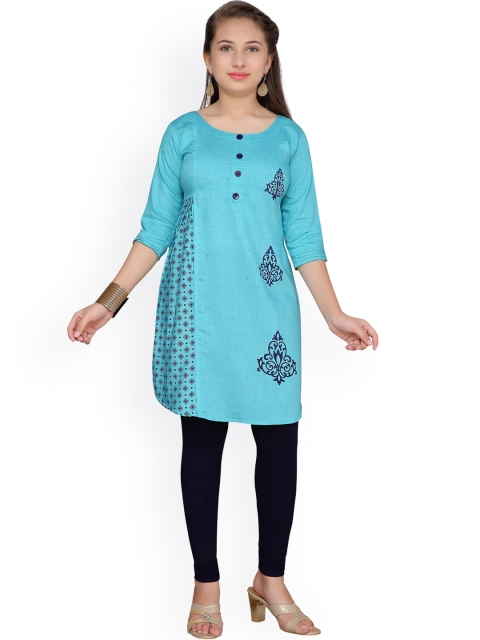 

Aarika Girls Turquoise Blue Printed Kurti with Churidar
