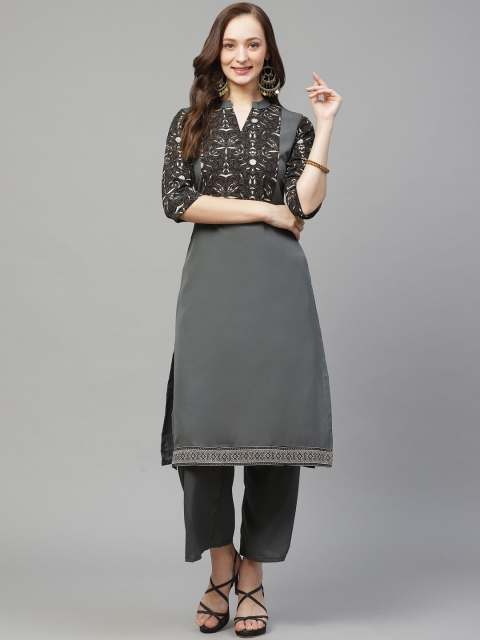 

ZIYAA Women Grey Foil Printed Yoke Design Straight Kurta