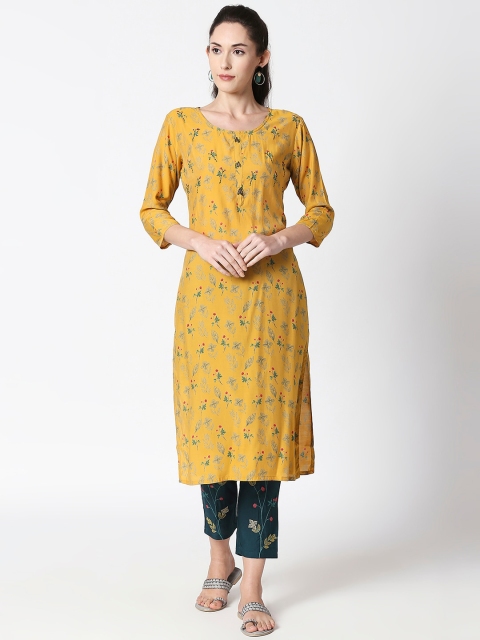 

ZRI Women Yellow & Green Embroidered Kurta with Trousers