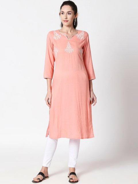 

ZRI Women Peach-Coloured & White Embroidered Straight Kurta