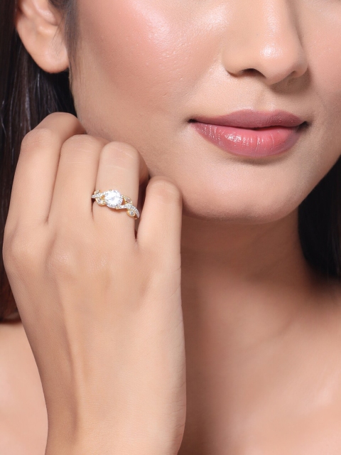 

Tistabene Gold-Plated & White Stone-Studded Contemporary Designer Solitaire Finger Ring