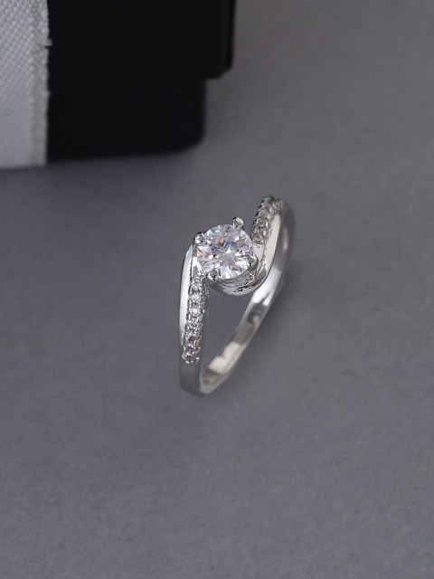 

Tistabene Rhodium-Plated Silver-Toned & White AD-Studded Twisted Solitaire Finger Ring