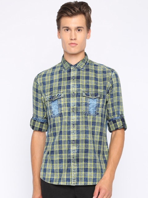 

Basics Men Green & Blue Slim Fit Checked Casual Shirt
