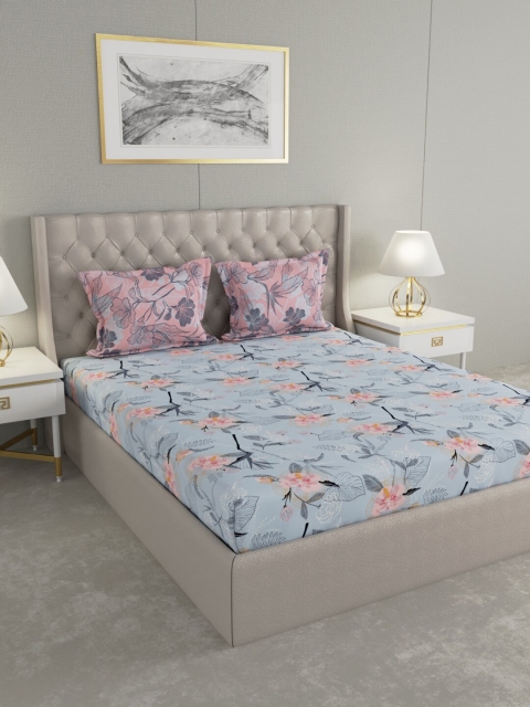 

Raymond Home Blue & Pink Floral 144 TC Cotton 1 Queen Bedsheet with 2 Pillow Covers