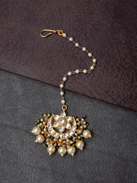 

MORKANTH JEWELLERY Gold-Plated Green & Cream-Coloured Kundan-Studded Beaded Maang Tikka