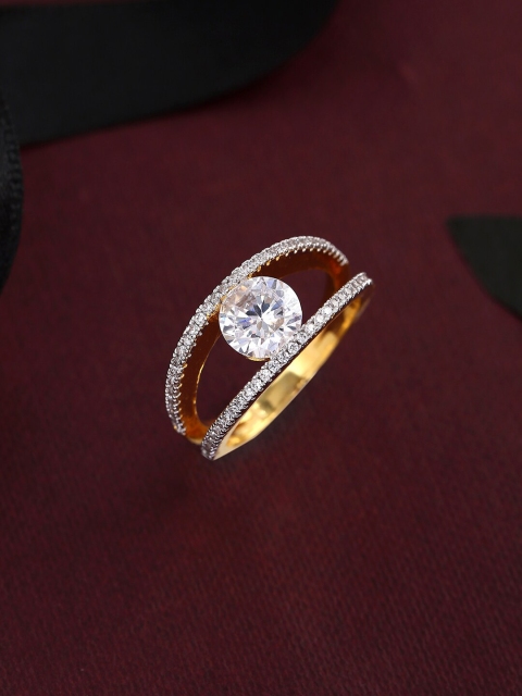 Tistabene Gold-Toned & White AD & CZ-Studded Solitaire Finger Ring