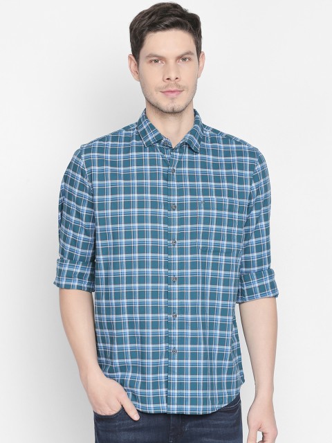 

Basics Men Teal Blue Slim Fit Checked Casual Shirt