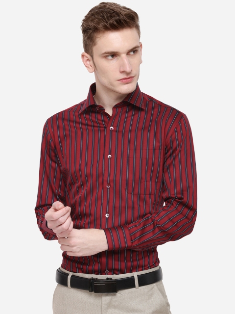 

METAL Men Maroon & Blue Slim Fit Striped Formal Shirt