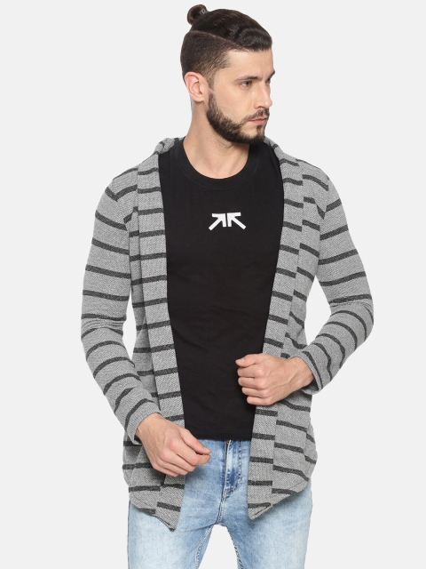 

SHOWOFF Men Grey & Black Striped Open Front Shrug