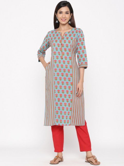 

Jaipur Kurti Women Blue & Pink Floral Print Straight Kurta