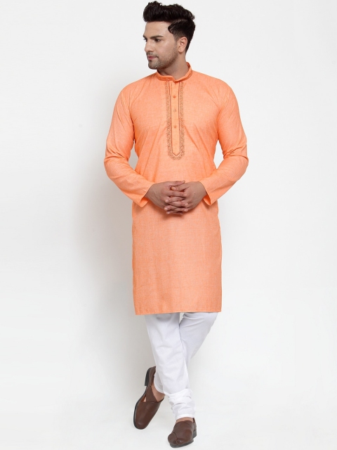 

Jompers Men Orange Embroidered Kurta with Churidar