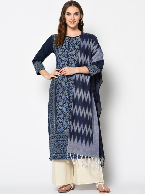 

DIVASTRI Navy Blue & Off-White Cotton Blend Unstitched Dress Material