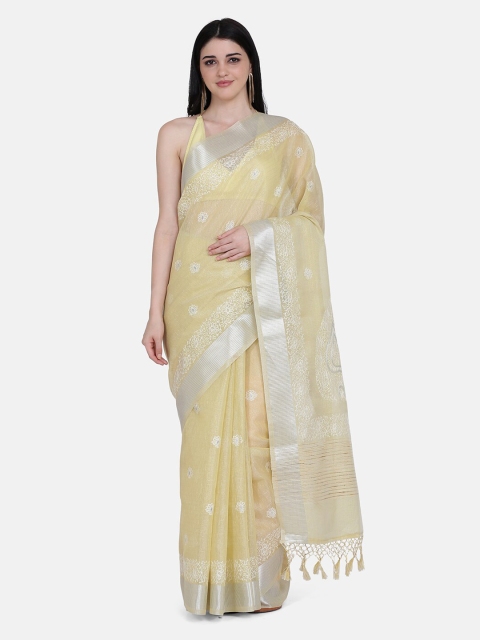 

BOMBAY SELECTIONS Yellow & Silver-Toned Tissue Handloom Woven Design Chanderi Saree
