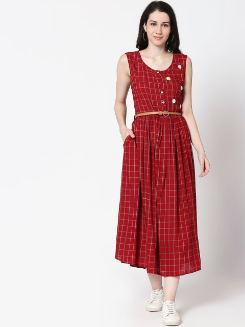 

TERQUOIS Women Red Checked Fit and Flare Dress