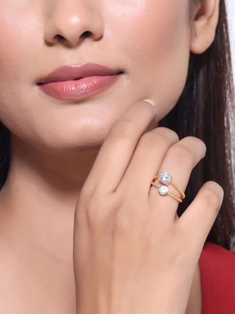 

Tistabene Gold-Plated White AD-Studded Solitaire Pair Finger Ring