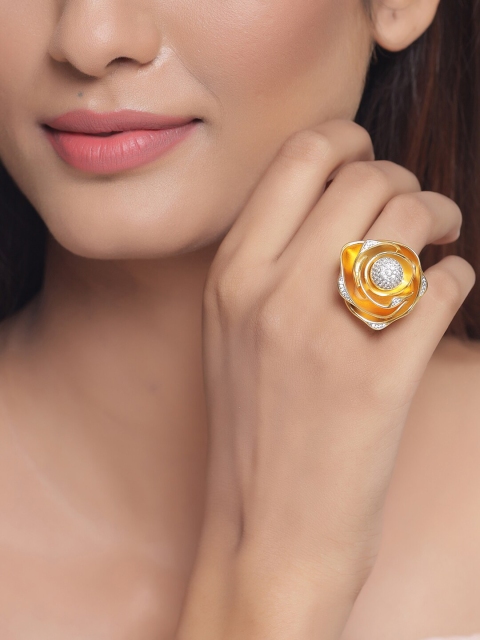 

Tistabene Gold-Toned White AD-Studded Rose Flower Shaped Cocktail Finger Ring