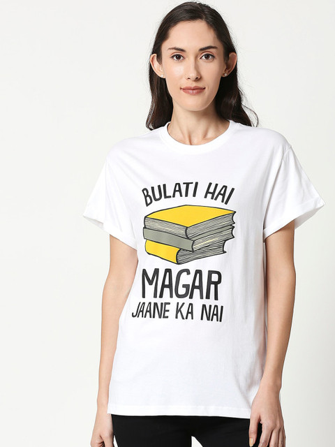 

Bewakoof Women White & Black Jaane Ka Nai Print Boyfriend T-shirt