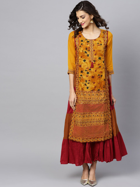 

Ishin Women Mustard Yellow & Red Embroidered Layered Anarkali Kurta