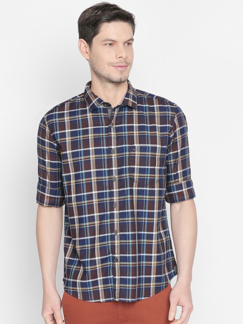 

Basics Men Navy Blue & Brown Slim Fit Checked Casual Shirt