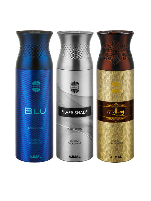 

Ajmal Unisex Set Of 3 Blu Silver Shade & Wisal Dhahab Deodorant Body Spray 200ml each, Multi