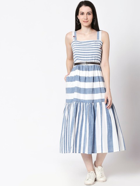 

TERQUOIS Women Blue & White Striped Fit and Flare Dress