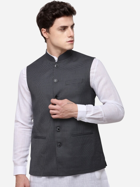 

JADE BLUE Men Grey Woven Design Corduroy Nehru Jacket
