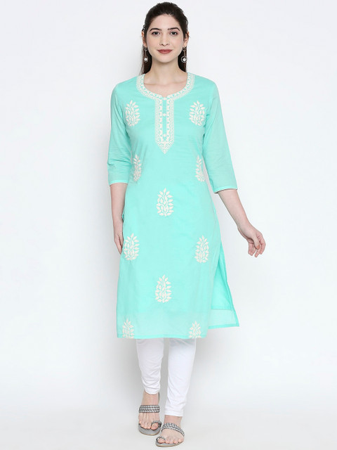 

ZRI Women Sea Green & White Embroidered Straight Kurta