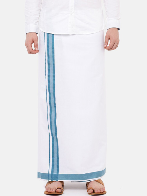 

RAMRAJ COTTON Men White Solid Pearl Dhoti With Sea Green Border