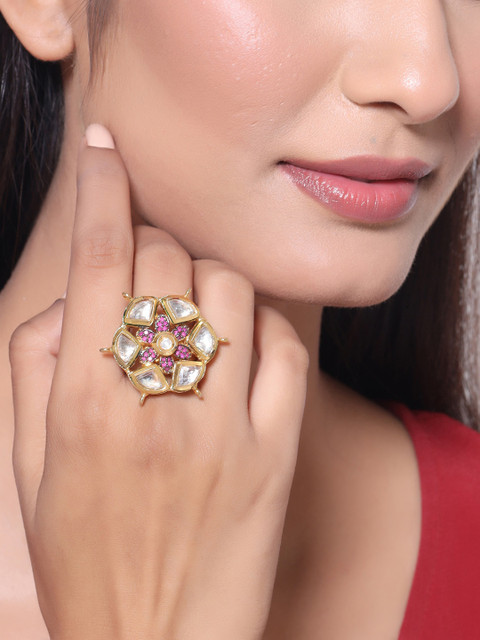 

Tistabene Gold-Plated Pink & White Kundan & AD-Studded Handcrafted Finger Ring