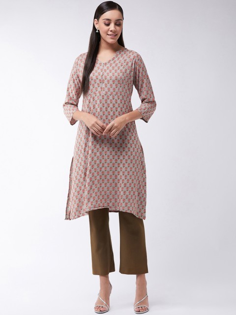

InWeave Women Grey & Pink Floral Printed A-Line Kurta