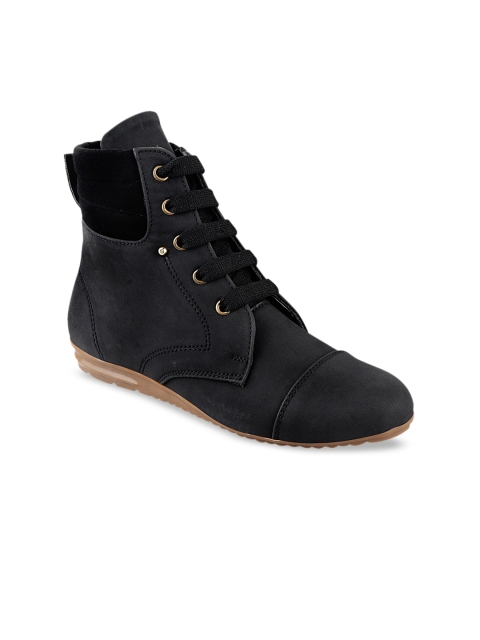 

Shoetopia Women Black High-Top Flat Nubuck Leather Boots
