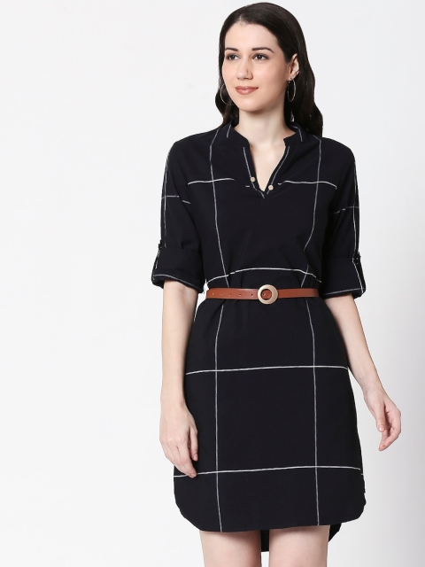 

TERQUOIS Women Black Checked Shirt Dress