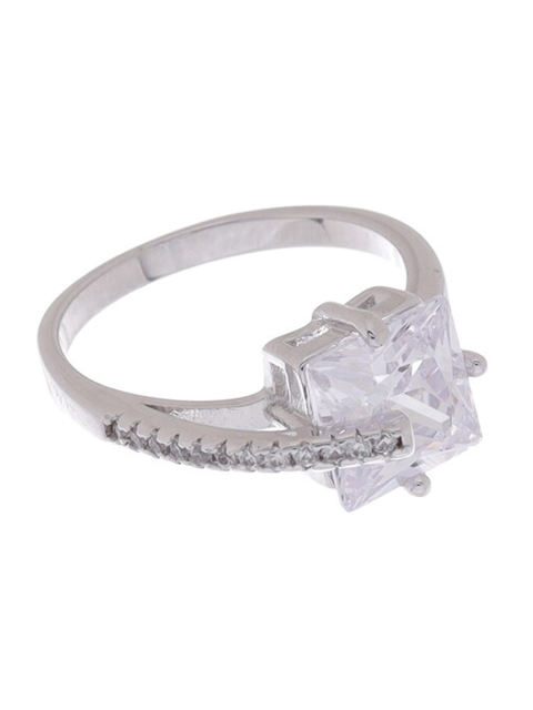 

Tistabene Rhodium-Plated Silver-Toned & White AD-Studded Solitaire Finger Ring