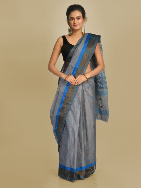 

Mitera Grey & Blue Pure Cotton Handloom Woven Design Taant Saree